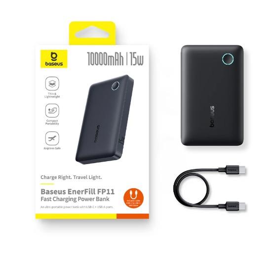 Baseus EnerFill FP11 10000mAh 15W power bank retail box showing the black portable charger and its included USB-C cable