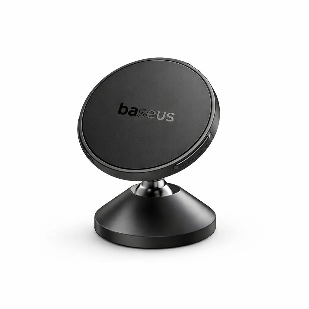 Baseus GoTrip DC1 black magnetic dashboard phone mount angled left displaying clear Baseus logo and magnetic pad.