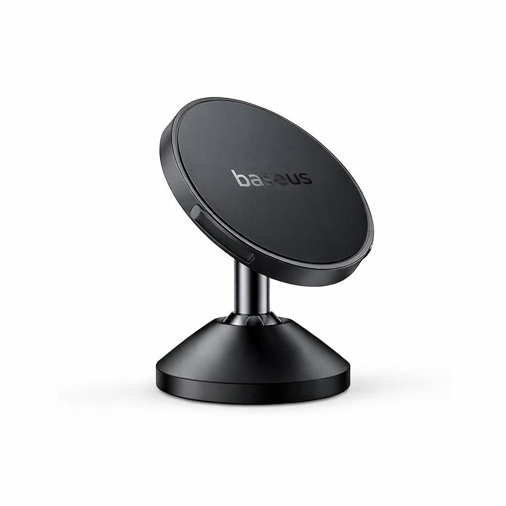 Baseus GoTrip DC1 black magnetic car phone holder angled right showing 720-degree rotating ball joint and metallic stand.