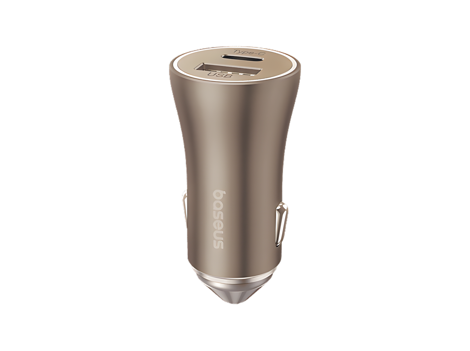 Baseus PrimeTrip VP1 60W gold fast car charger showing dual USB-A and Type-C charging ports.