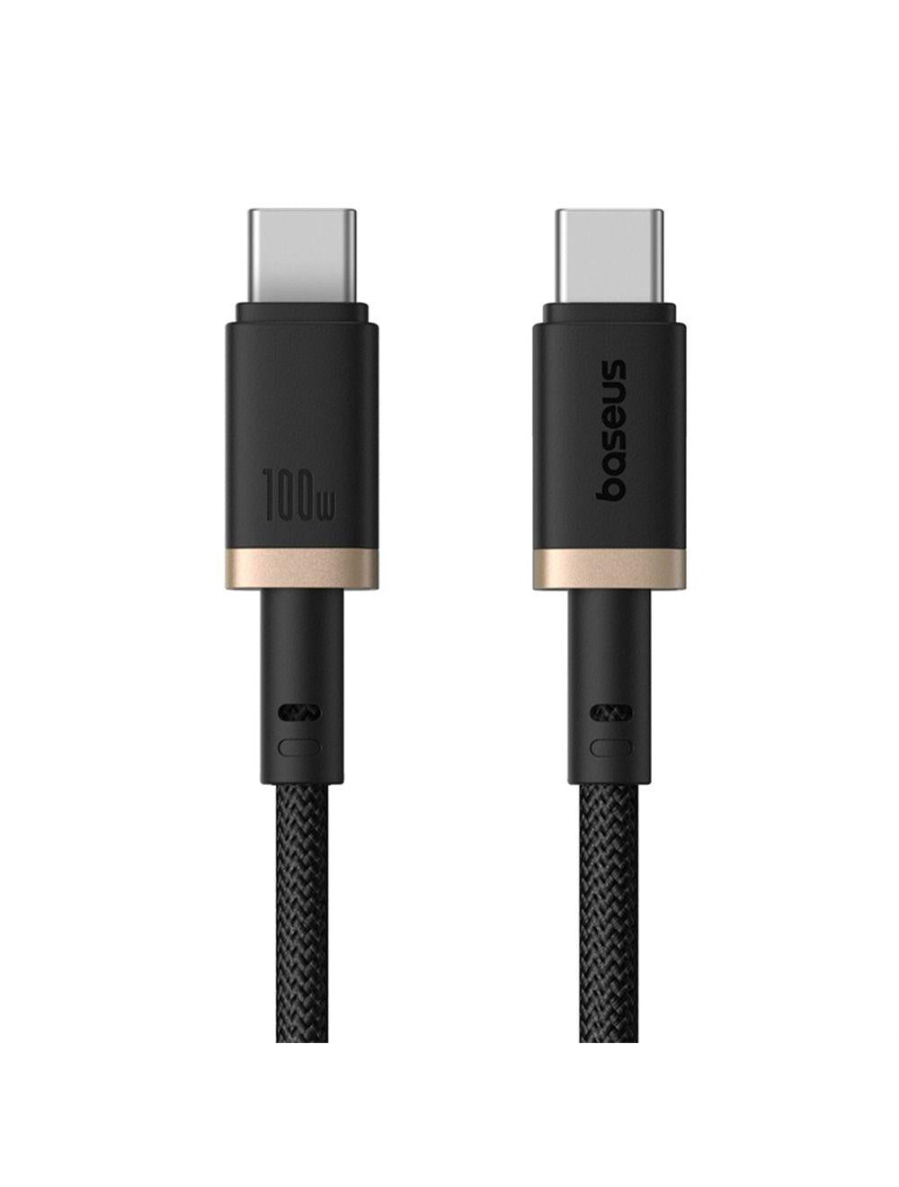 Front view of Baseus Dura USB-C connectors with gold trim and 100W wattage power print.