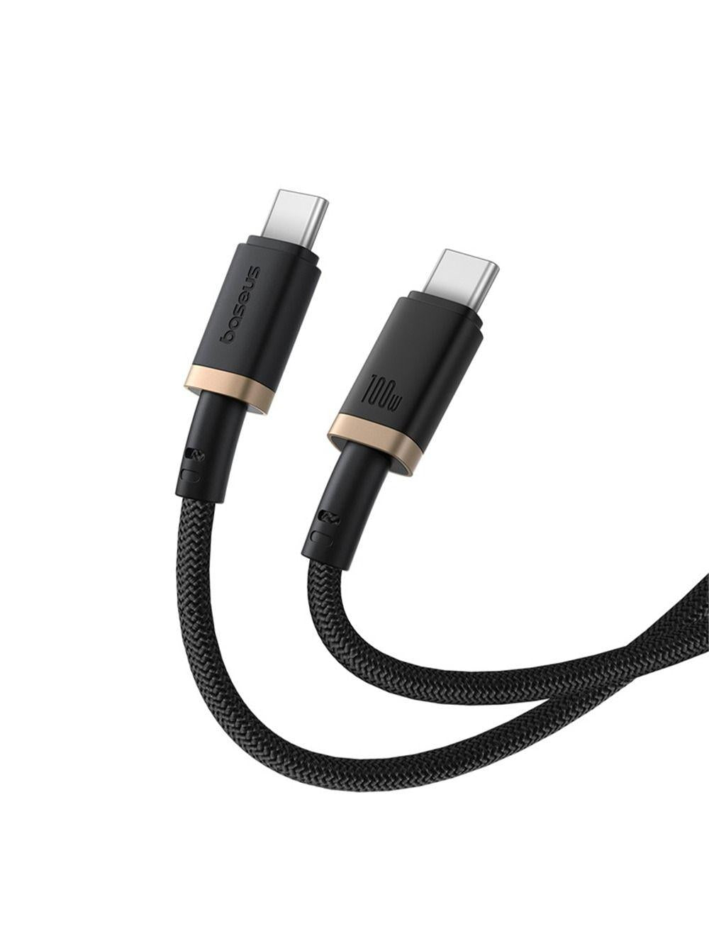 Perspective view of dual USB-C plug heads on Baseus Dura fast charging cable showing reinforced strain relief.