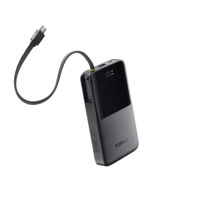 Black Baseus Bipow2 Pro 22.5W power bank with its built-in USB-C charging cable extended, showcasing the digital power display.