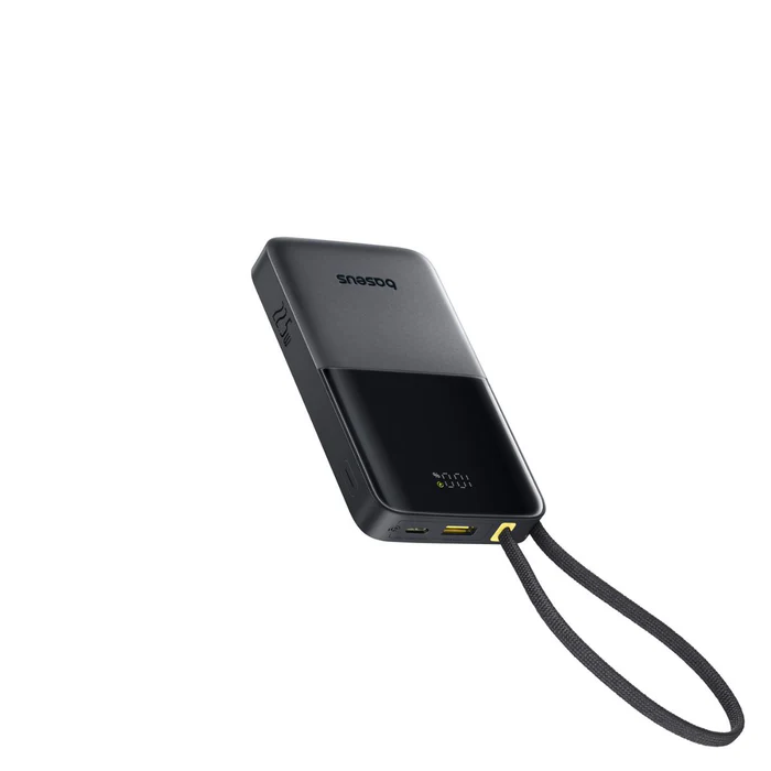 Angled view of the black Baseus Bipow2 Pro 10000mAh power bank featuring a LED digital battery indicator showing 100% and a looped built-in carrying strap.