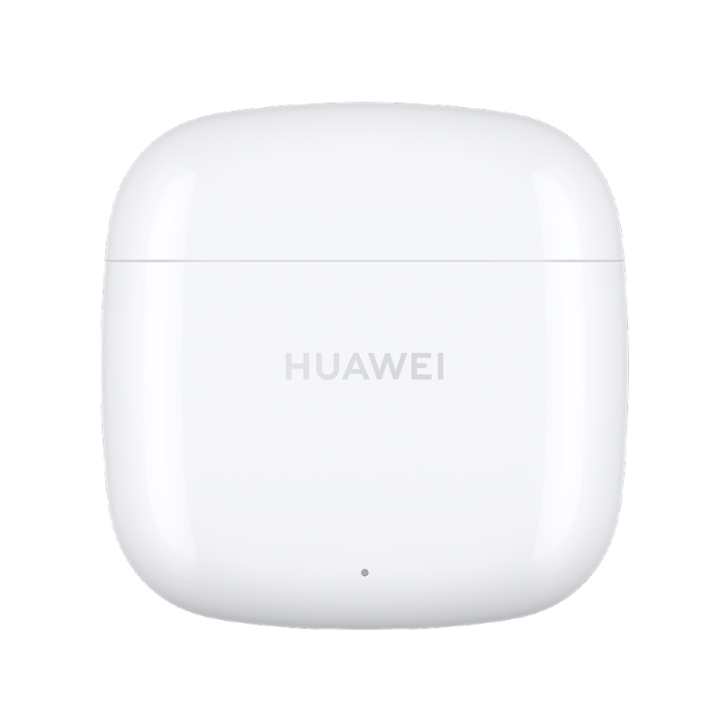 Closed front view of the minimalist ceramic white Huawei FreeBuds SE 2 charging case featuring the clean gray Huawei logo.