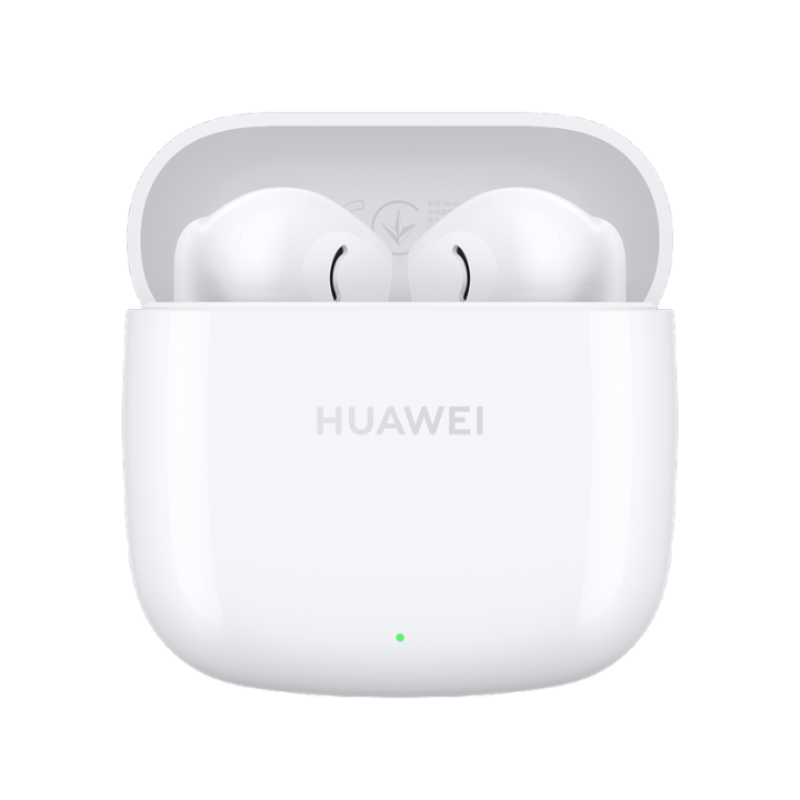 Front view of open Huawei FreeBuds SE 2 charging case in ceramic white with earbuds placed inside and a green battery indicator light.