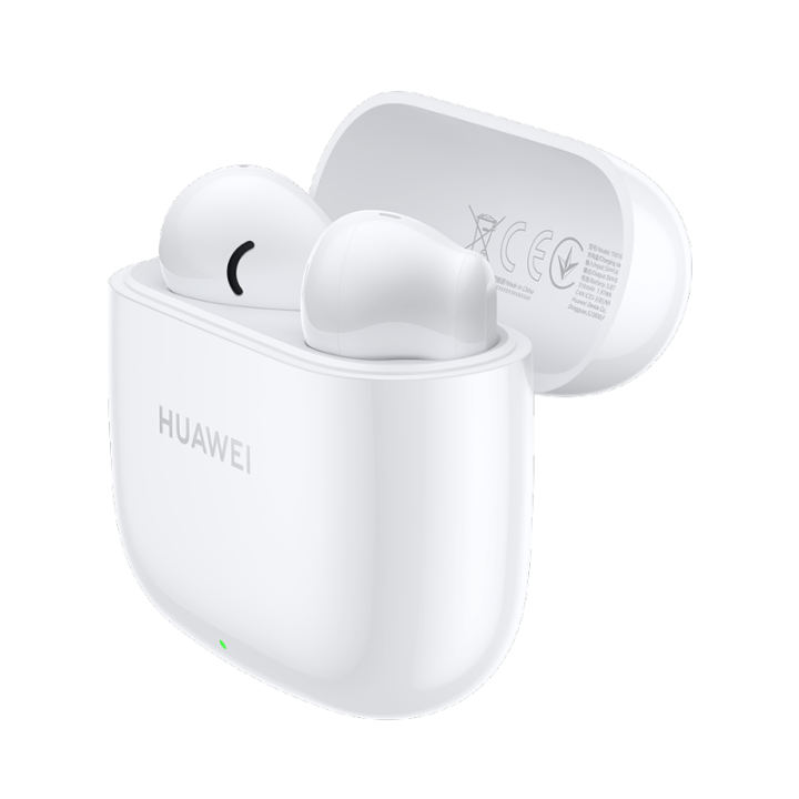 Side perspective of open white Huawei FreeBuds SE 2 charging case showcasing the ergonomic earbud contours and green LED indicator.