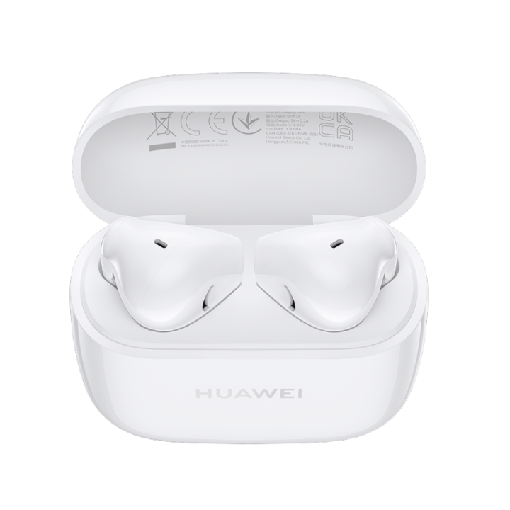 Top-down view of open Huawei FreeBuds SE 2 charging case displaying the pair of white earbuds nestled inside with safety labels on the lid.
