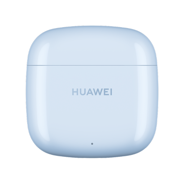 Closed front view of the minimalist Isle Blue Huawei FreeBuds SE 2 charging case featuring the clean gray Huawei logo
