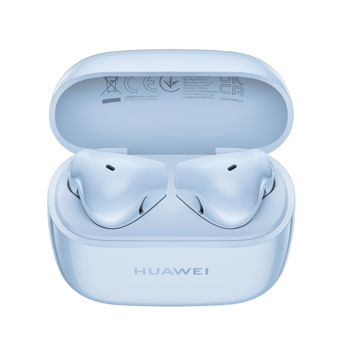 Top-down view of open Huawei FreeBuds SE 2 charging case displaying the pair of Isle Blue earbuds nestled inside.