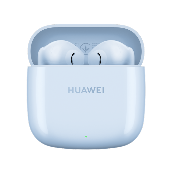 Front view of open Huawei FreeBuds SE 2 charging case in Isle Blue with earbuds placed inside and a green battery indicator light.