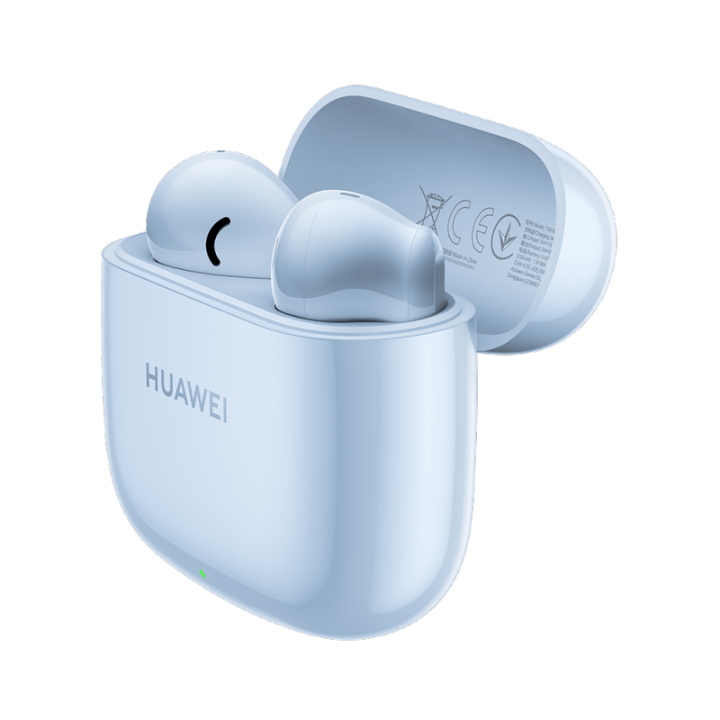 Side perspective of open Isle Blue Huawei FreeBuds SE 2 charging case showcasing the ergonomic earbud contours and green LED indicator