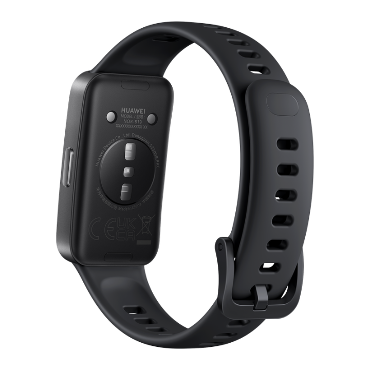 Rear view of Huawei Band 10 model NOR-B19 displaying health monitoring sensors and magnetic charging port.