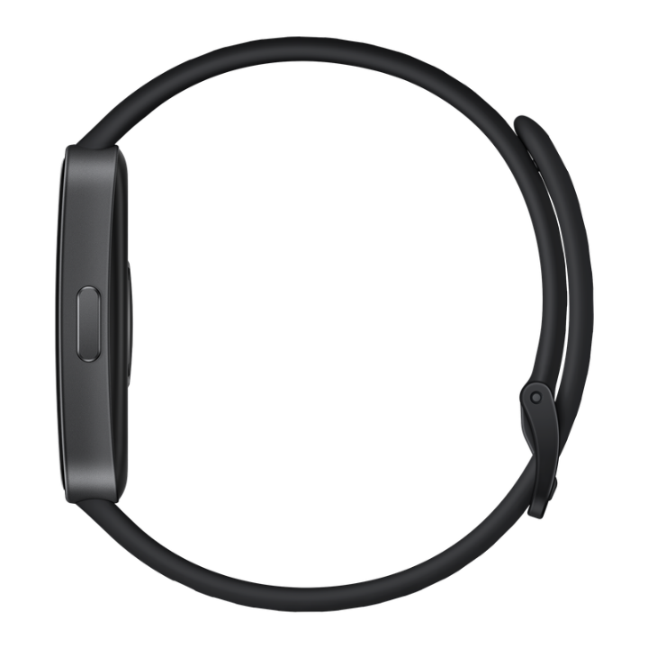 Side view of the black Huawei Band 10 smart fitness tracker showing its slim profile and side button design.
