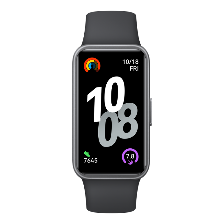 Front straight view of Huawei Band 10 smart band showing the 1.47 inch AMOLED touch display with fitness metrics.