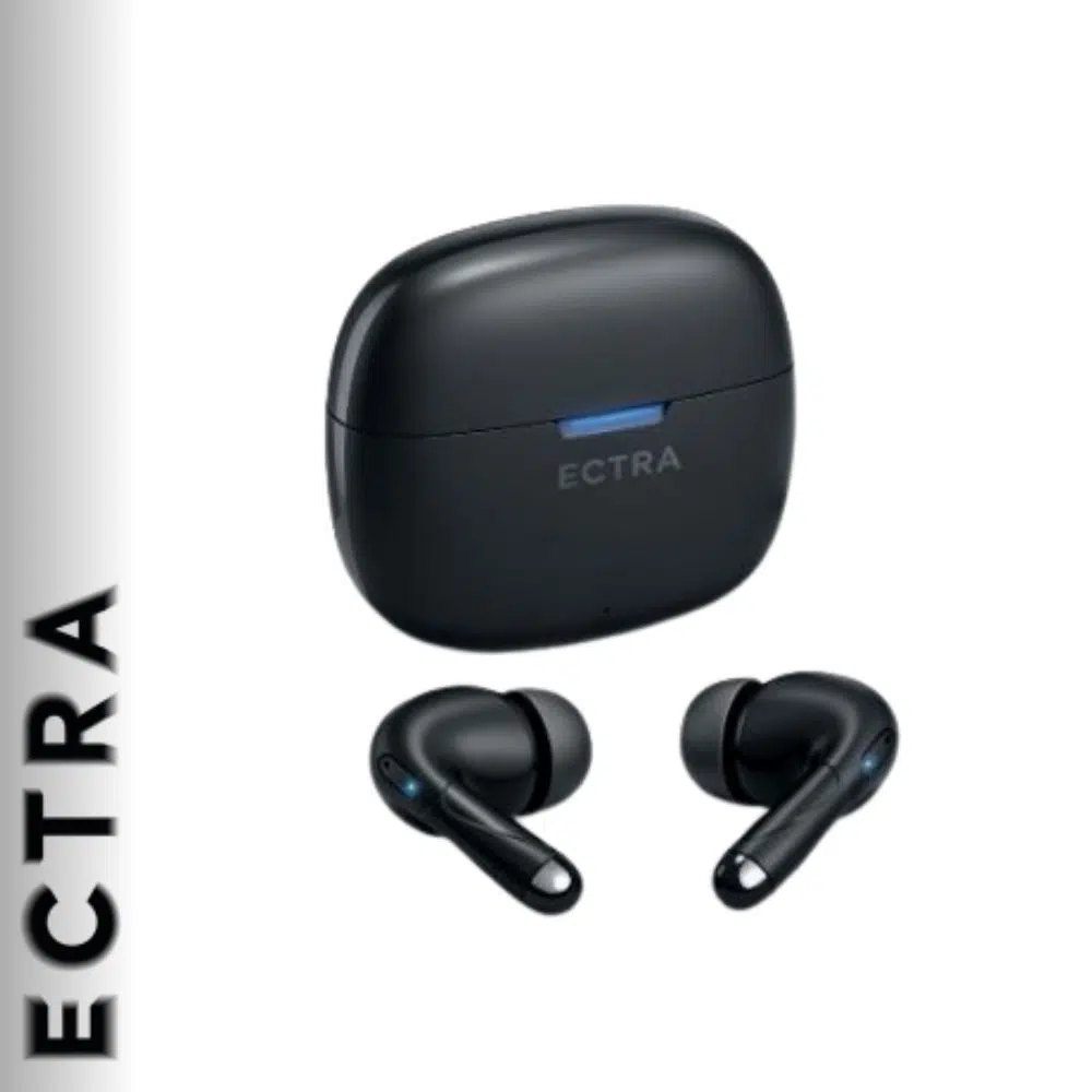 ECTRA Echo black true wireless earbuds with charging case showing dual-mic design and super bass drivers