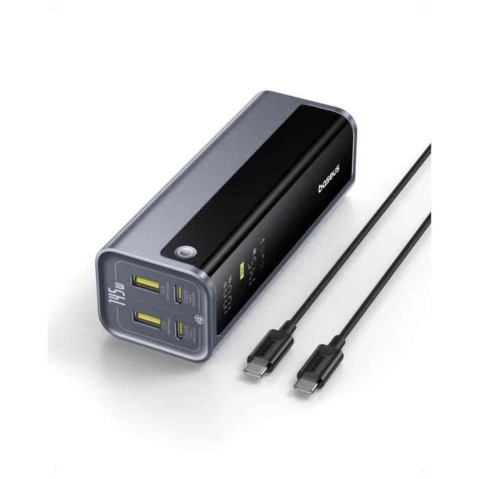 Grey Baseus EnerGeek 145W fast charging power bank flat on surface with dual USB-C cable