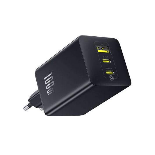 Side perspective of Baseus EnerFill FE11 3-in-1 fast charger with 100W GaN print on the black matte body on a white background.