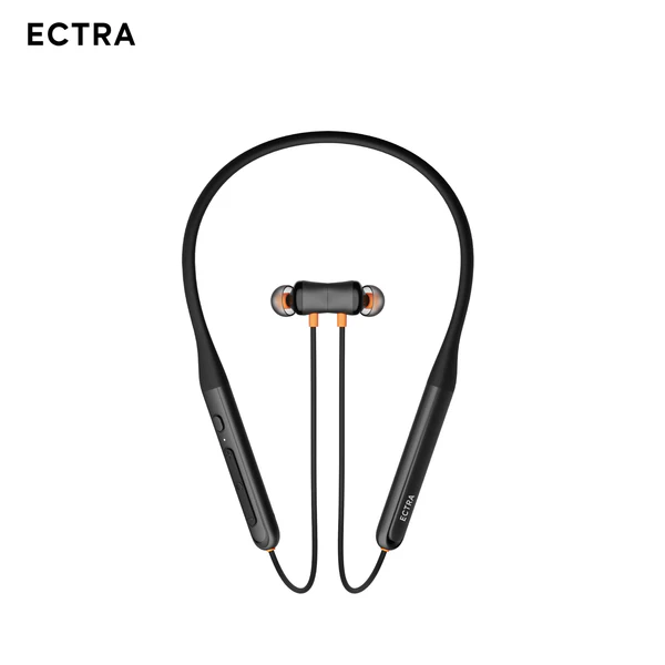 ECTRA Active black wireless neckband earphones with magnetic earbuds and orange accents