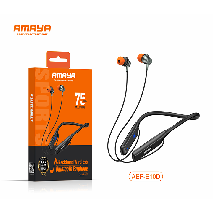 Amaya AEP-E10D neckband wireless Bluetooth earphones shown next to retail packaging highlighting 75 hours music time