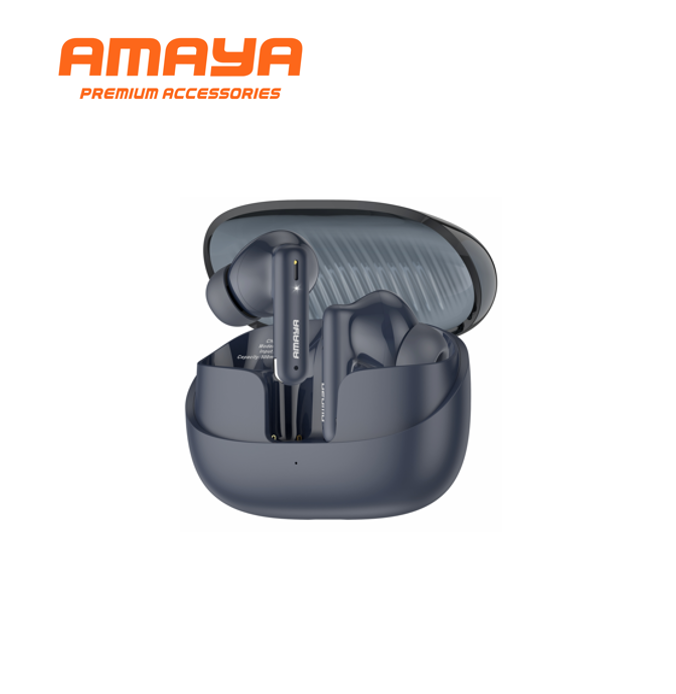 Close-up of AMAYA ATW-323 Bluetooth 5.4 wireless earbuds resting inside open charging case