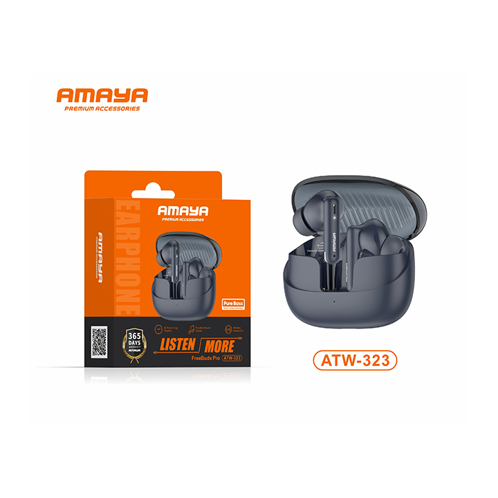 AMAYA FreePods Pro ATW-323 true wireless earbuds in black next to retail box featuring Pure Bass technology