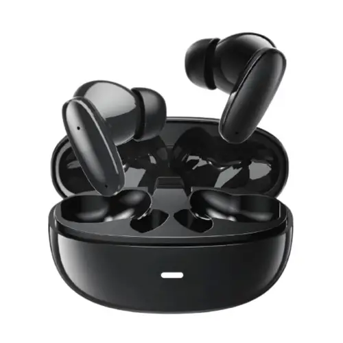 Front view of black AMAYA ATW-TK05S TWS earbuds with 13mm dynamic drivers and open case