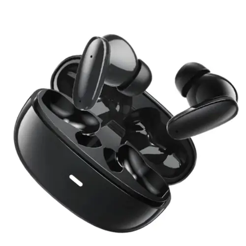 Angled view of black AMAYA ATW-TK05S wireless earbuds resting in open charging case