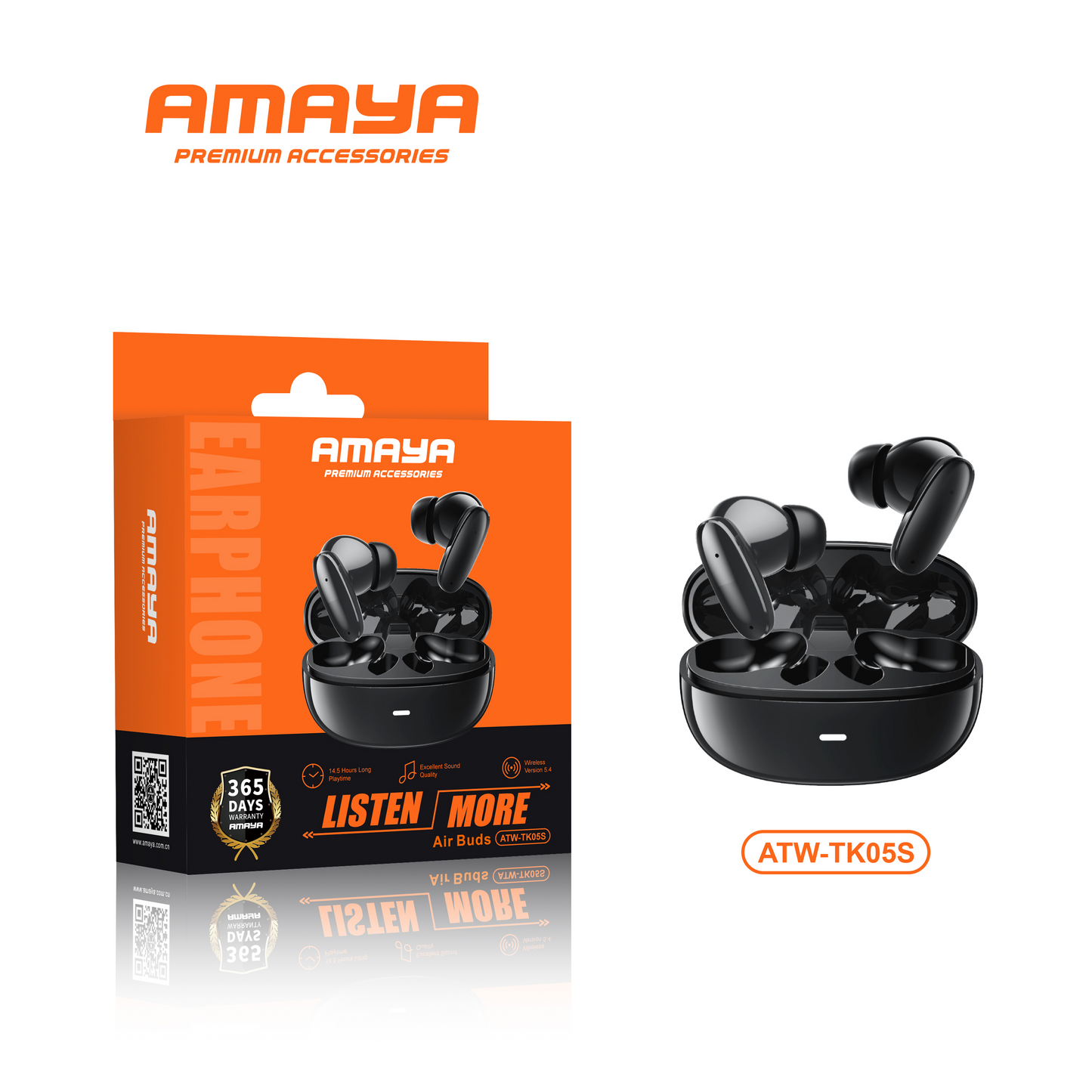 AMAYA ATW-TK05S true wireless earbuds black edition shown next to retail packaging with 365 days warranty badge