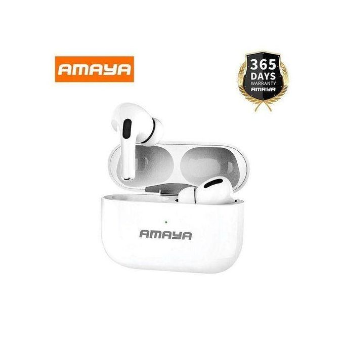 AMAYA TK-04 white wireless sports earbuds resting in open charging case with 365 days warranty badge