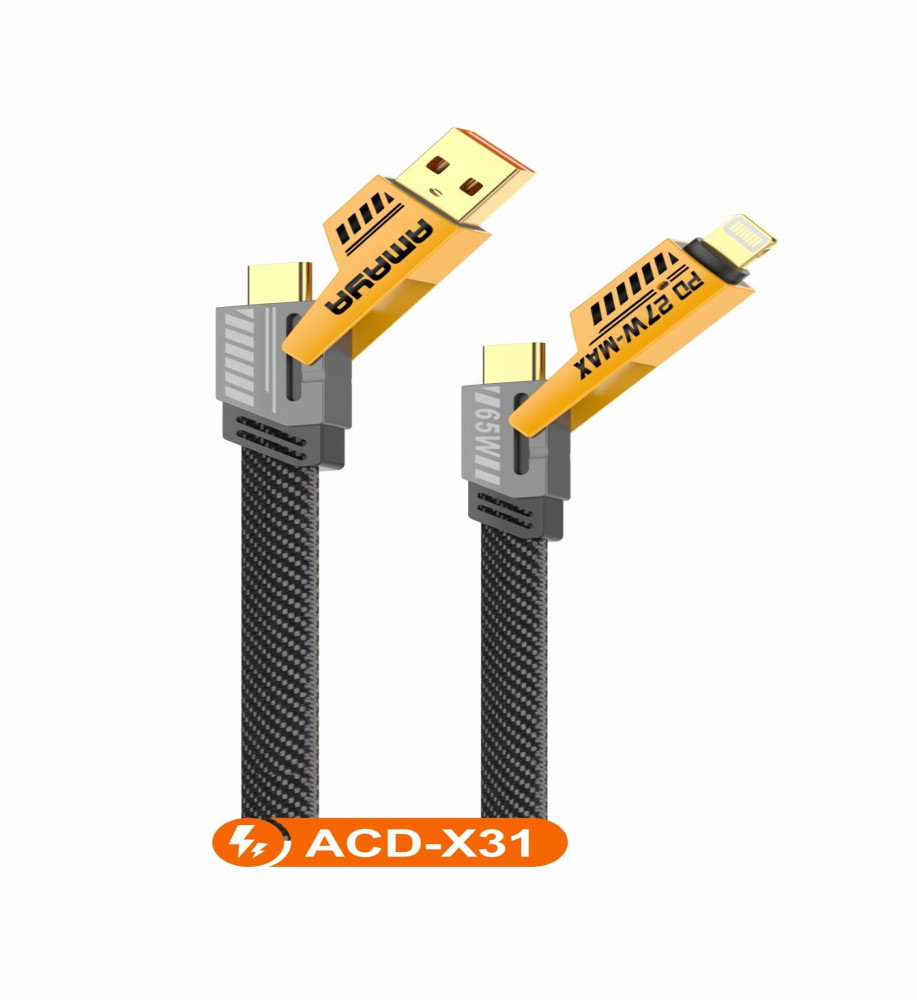 Close-up of AMAYA ACD-X31 black braided cable featuring gold and grey 4-in-1 USB-C and Lightning connectors