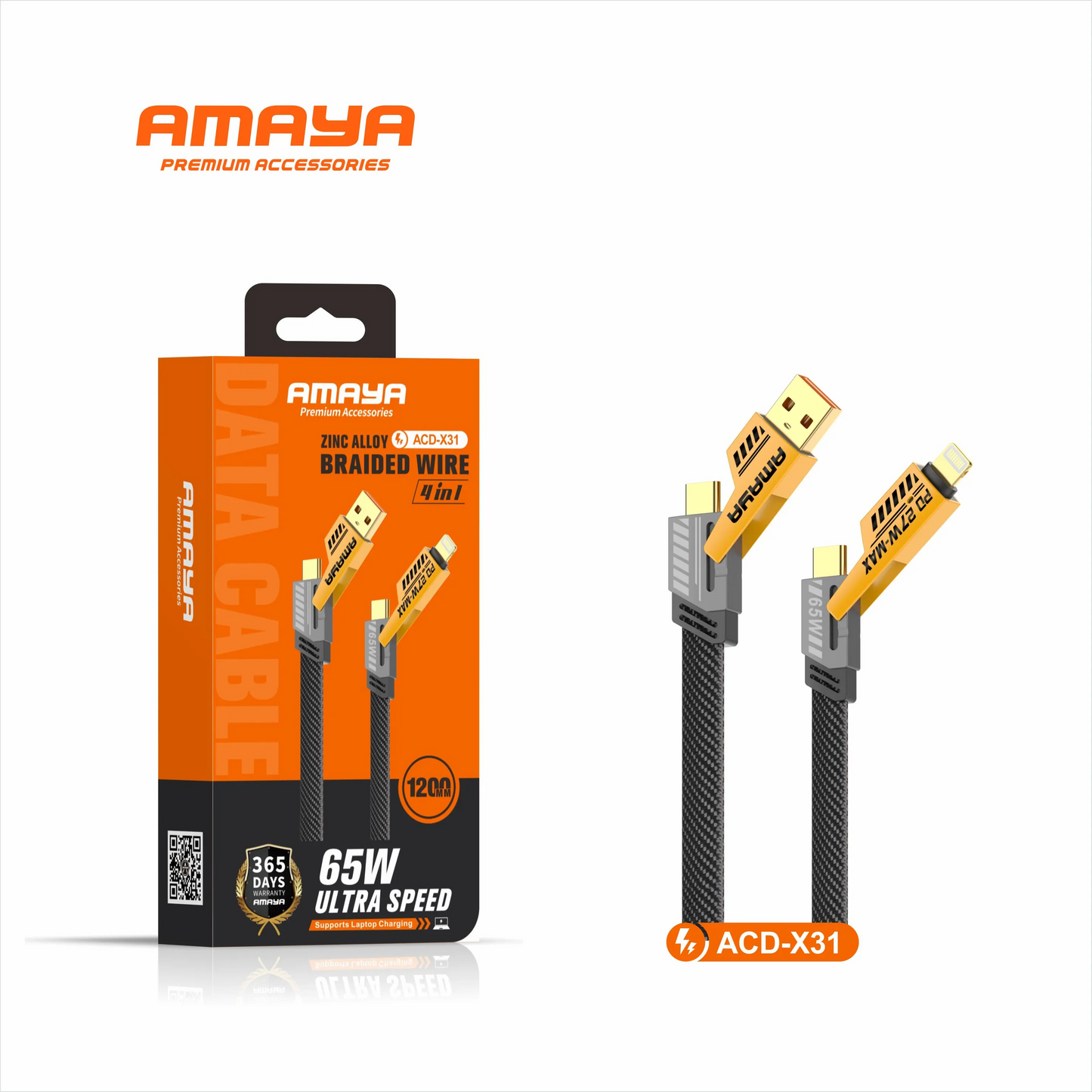AMAYA ACD-X31 4-in-1 65W fast charging braided data cable in black next to orange retail packaging