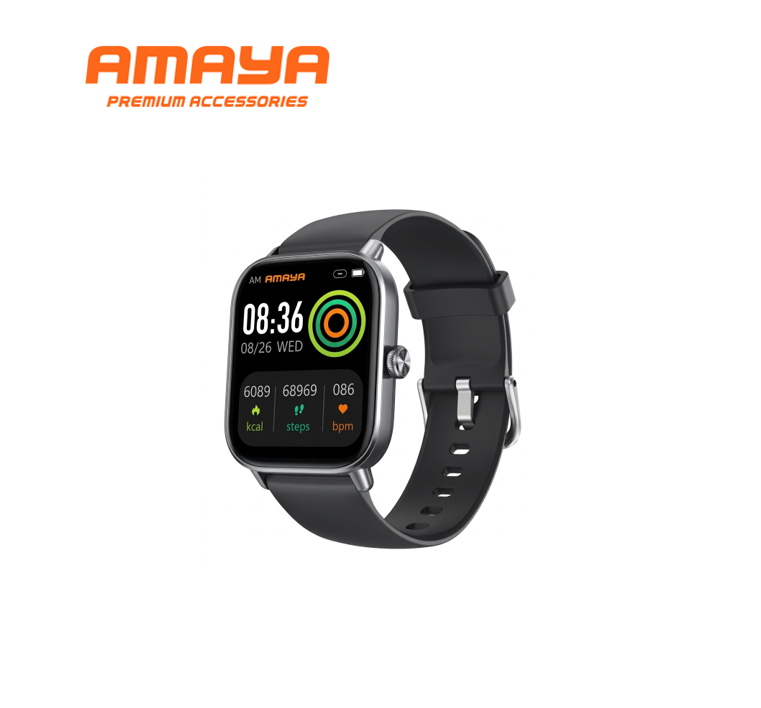Front angled view of Amaya ASW-20 smartwatch in black with active digital display and silicone strap