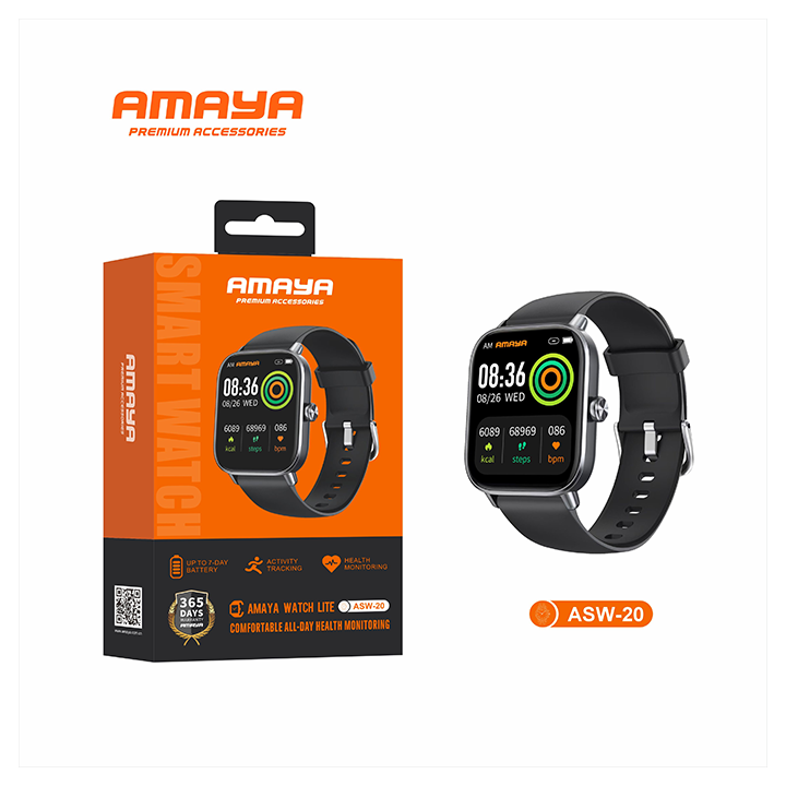 Amaya ASW-20 black smartwatch next to retail box featuring 1.83 inch display and health tracking specs
