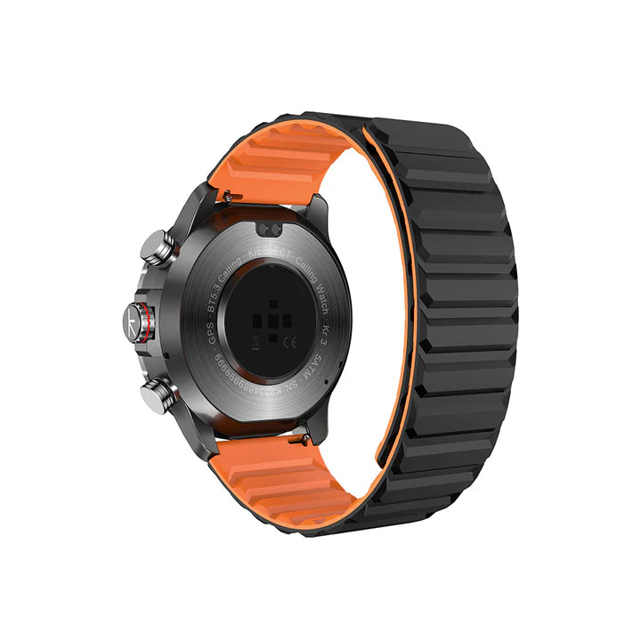 Back sensor view of Kieslect KR3 smart watch with 5ATM water resistance and orange interior of the magnetic band