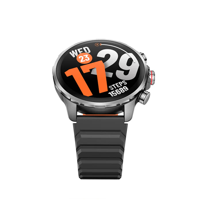 Front view of Kieslect KR3 smartwatch showing the 1.5 inch crisp display and black textured strap connection
