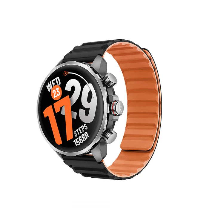 Kieslect KR3 smart calling watch with round AMOLED screen displaying orange and black dual-color magnetic strap side view