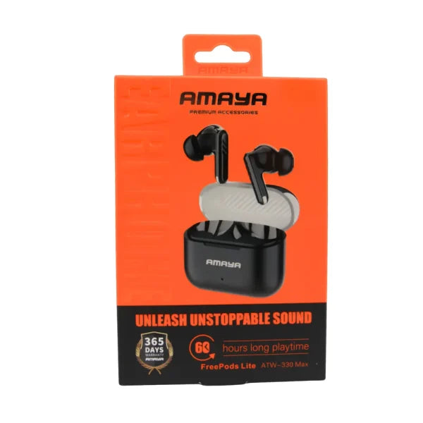 Amaya ATW-330 FreePods Lite true wireless earbuds black packaging box with 365 days warranty badge
