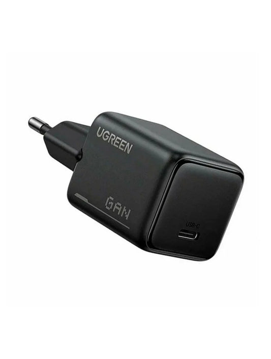 Compact black UGREEN GaN wall charger showing USB-C port and EU plug