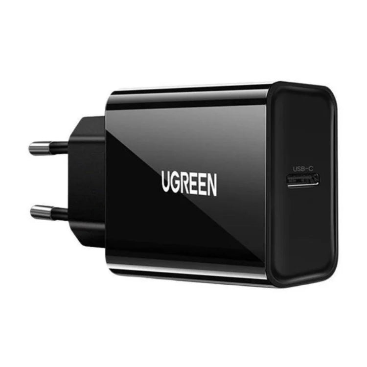 Side profile view of black UGREEN wall charger showing USB-C port, logo, and EU plug