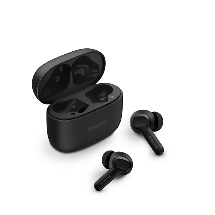 Philips 1000 Series True Wireless Earbuds with open charging case in Black.