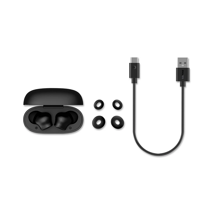 Philips 1000 Series True Wireless Earbuds with charging case, USB-C cable, and extra ear tips in Black.