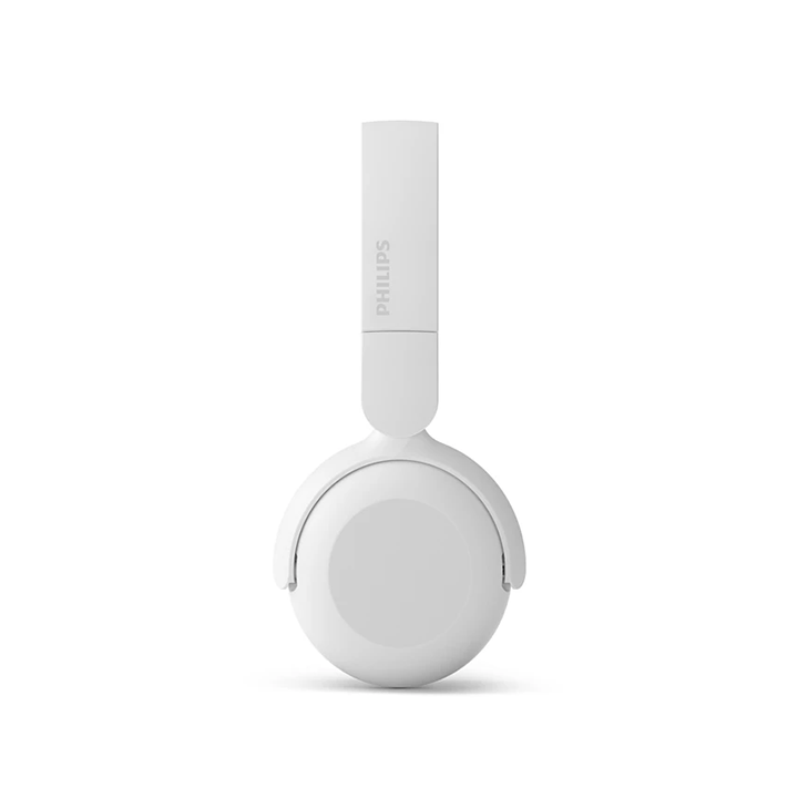 Sleek side profile of the white Philips wireless on-ear headphone ear cup showing the Philips logo on the headband.