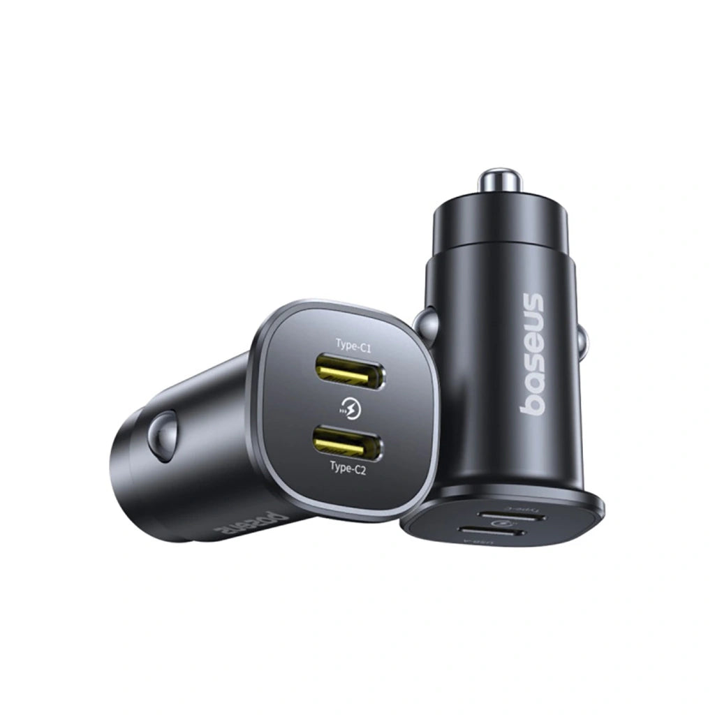 Baseus GoTrip 30W dual USB-C car charger in black standing upright next to side view.