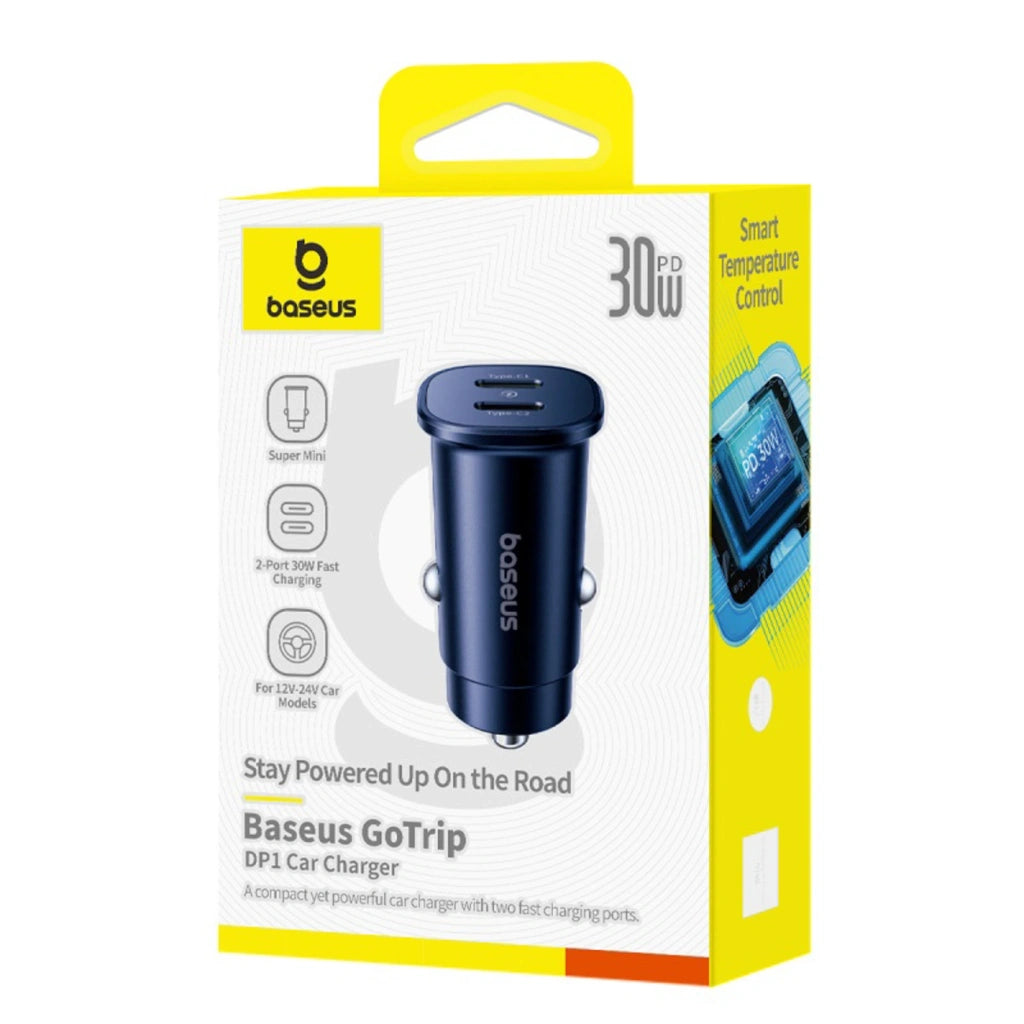 Retail box of the Baseus GoTrip DP1 30W dual USB-C car charger highlighting 12V-24V compatibility and temperature control.