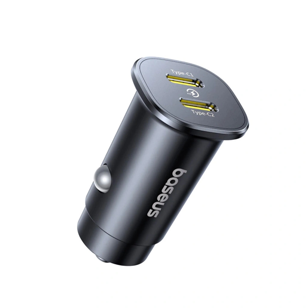 Baseus GoTrip mini car charger in black displaying side metal contact pins and dual Type-C ports.