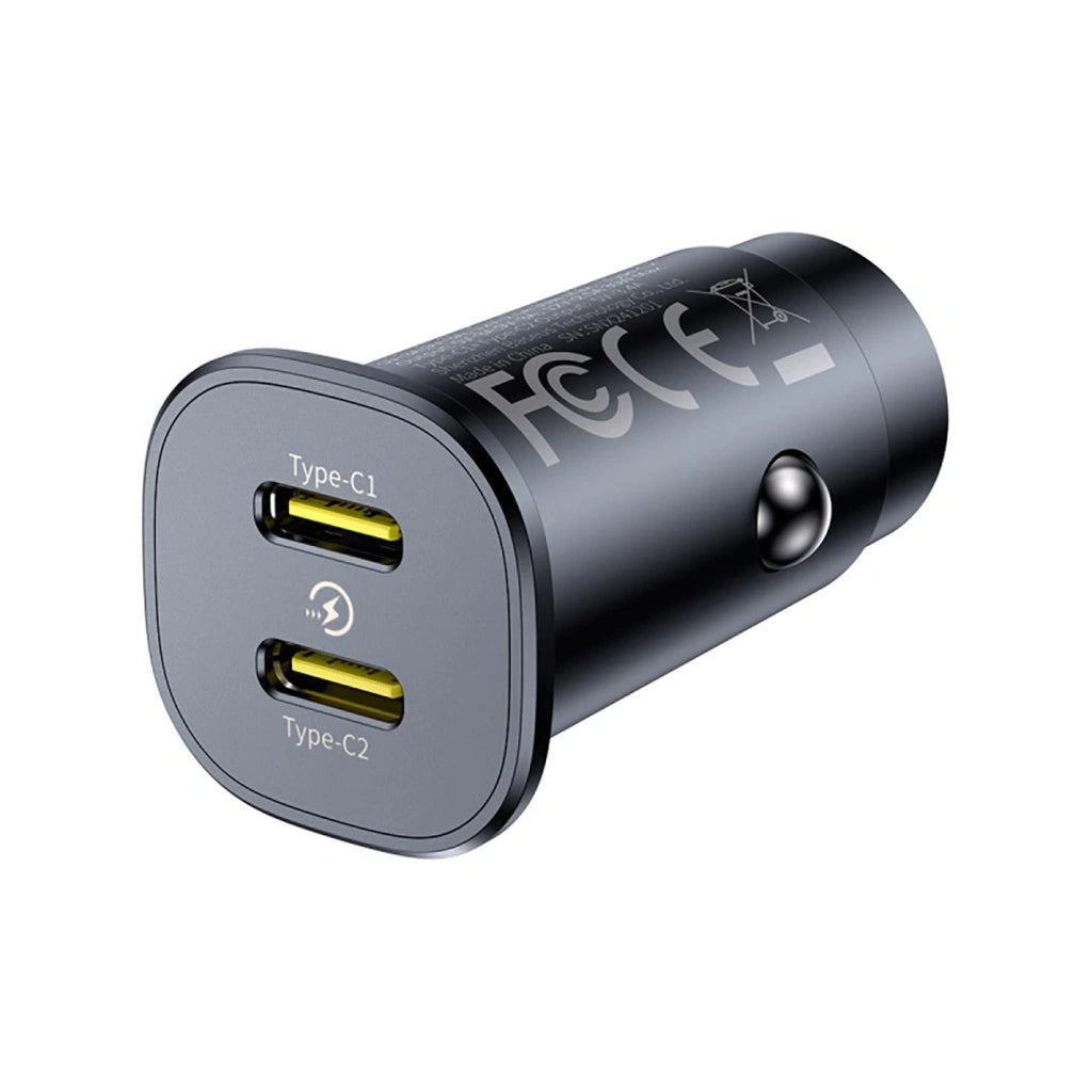 Close-up of the dual USB-C fast charging ports on the Baseus GoTrip 30W car charger.