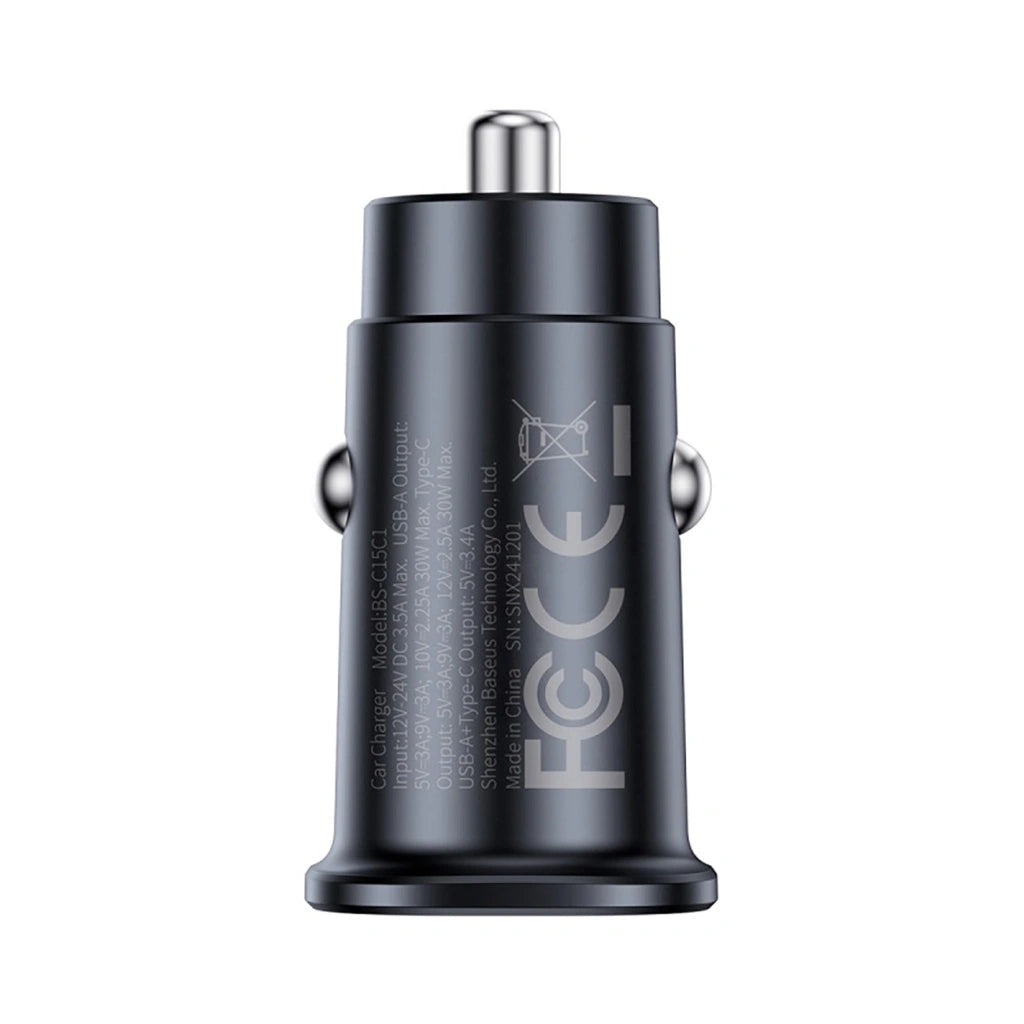Side profile of Baseus GoTrip 30W car charger showing printed technical specifications and certification marks.