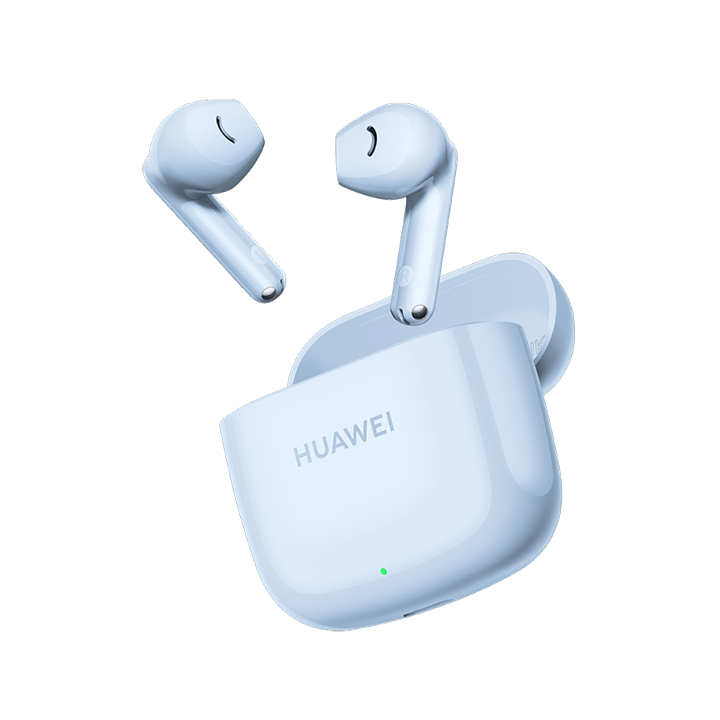 Floating view of Isle Blue Huawei FreeBuds SE 2 wireless earbuds hovering over an open matching blue charging case.
