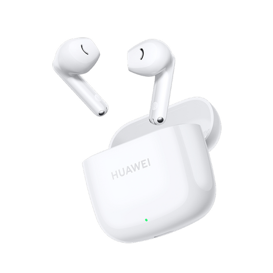 Floating view of white Huawei FreeBuds SE 2 wireless earbuds hovering over an open glossy white charging case.
